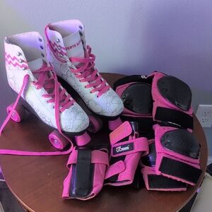 White and Pink Roller Skates with Protective Gear